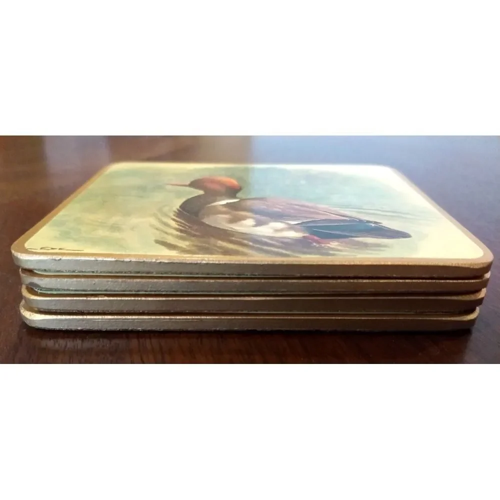 COASTERS Wild Duck Mallard Cork Back Basil Ede England Vintage Set of‎ 4 Barware